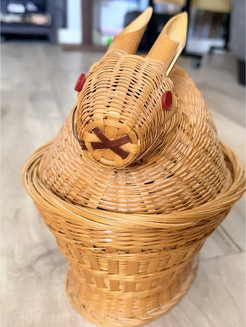 Vintage Woven Rabbit Basket with Red Button Eyes Farmhouse Decor Cottagecore